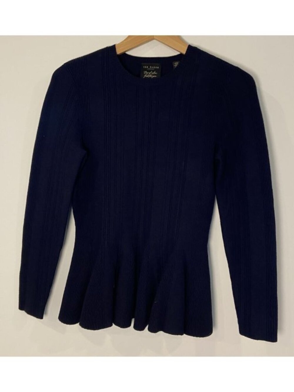 Ted Baker London Sweater Long Sleeve Peplum Navy Blue Size 1 US 4 - Picture 1 of 3